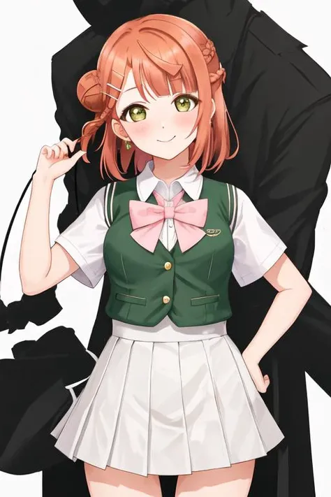 best quality, masterpiece, highres, solo, {uehara_ayumu_loveliveschoolidolfestivalallstars:1.15}, bangs, medium_hair, yellow_eyes, hair_bun, hair_ornament, single_side_bun, smile, blush, orange_hair, pink_hair, braid, swept_bangs, blunt_bangs, half_updo, green_eyes, 1girl, braided_bun, hairclip, hairpin, nijigasaki_academy_school_uniform, school_uniform, shirt, short_sleeves, summer_uniform, sweater_vest, looking_at_viewer, vest, bow, bowtie, collared_shirt, pink_bow, simple_background, white_background