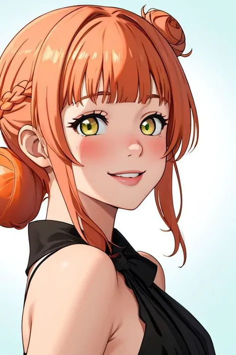 best quality, masterpiece, highres, solo, {uehara_ayumu_loveliveschoolidolfestivalallstars:1.15}, bangs, medium_hair, yellow_eyes, hair_bun, hair_ornament, single_side_bun, smile, blush, orange_hair, pink_hair, braid, swept_bangs, blunt_bangs, half_updo, green_eyes