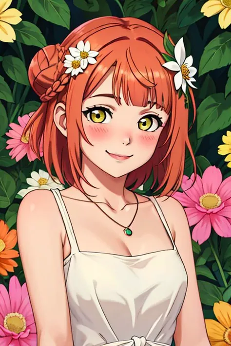 best quality, masterpiece, highres, solo, {uehara_ayumu_loveliveschoolidolfestivalallstars:1.15}, bangs, medium_hair, yellow_eyes, hair_bun, hair_ornament, single_side_bun, smile, blush, orange_hair, pink_hair, braid, swept_bangs, blunt_bangs, half_updo, green_eyes, 1girl, flower, hair_flower, jewelry, necklace, birthday, collarbone, looking_at_viewer, sidelocks, bug, butterfly, head_wreath
<lora:uehara_ayumu_loveliveschoolidolfestivalallstars:0.5>