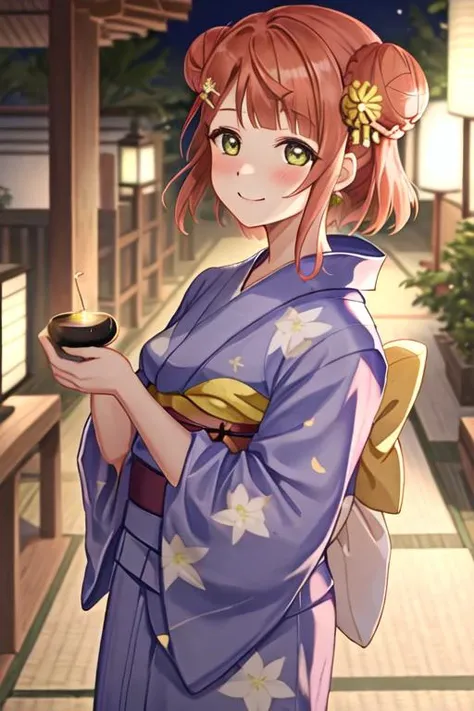 best quality, masterpiece, highres, solo, {yukata:1.40}, {kimono:1.20}, {uehara_ayumu_loveliveschoolidolfestivalallstars:1.15}, bangs, medium_hair, yellow_eyes, hair_bun, hair_ornament, single_side_bun, smile, blush, orange_hair, pink_hair, braid, swept_bangs, blunt_bangs, half_updo, green_eyes