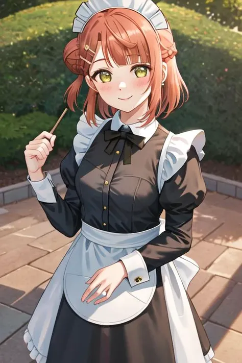 best quality, masterpiece, highres, solo, {maid:1.40}, {long maid dress:1.15}, {uehara_ayumu_loveliveschoolidolfestivalallstars:1.15}, bangs, medium_hair, yellow_eyes, hair_bun, hair_ornament, single_side_bun, smile, blush, orange_hair, pink_hair, braid, swept_bangs, blunt_bangs, half_updo, green_eyes