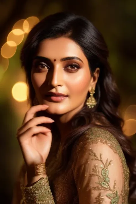 photo of a karisht, detailed face, intricate,forest, midnight, elegant, sharp focus, photo by, soft lighting, bokeh lights, masterpiece, detailed face, beautiful , <lora:karisht:0.8>