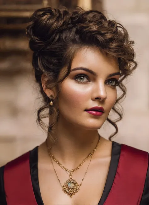 medium portrait close up of a Beautiful sks woman, (messy bun), sitting on a wooden chair, wearing a fancy Victorian era dress, seductively posing, medium breasts, pale skin, dark red lips, dark eye shadow, ornate pendant, sitting in front of a large stone fireplace, candle burning, in a luxurious fantasy castle, side lighting, cinematic, Renaissance style, (Fujifilm XT3:1.1), (high detailed face:1.3), perfect hands, <lora:locon_camren_v1_from_v1_64_32:1.25>
