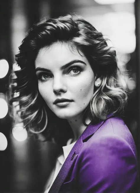 candid RAW close up portrait photo of sks woman in a (purple colored suit:1.0) on a dark street with shopping windows (at night:1.2), bokeh, Ilford Delta 3200 film, dof, high definition, detailed, intricate, flashlight, <lora:locon_camren_v1_from_v1_64_32:1.25>