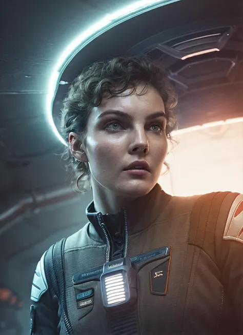 close up photo of sks woman, rugged space trucker, inside industrial spaceship, futuristic science fiction, action scene, digital concept art, realistic, intricate detailed textures, filmic, cinematic, environmental character portrait, <lora:locon_camren_v1_from_v1_64_32:1.25>