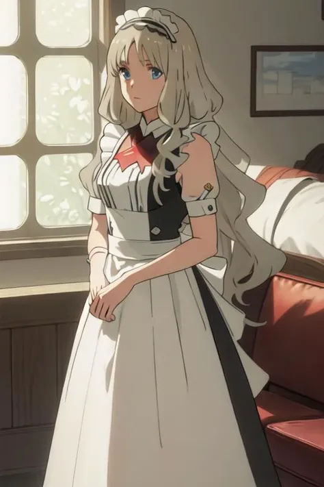 best quality, masterpiece, highres, solo, {maid:1.40}, {long maid dress:1.15}, {kokoro_darlinginthefranxx:1.15}, long_hair, blue_eyes, blonde_hair, hairband, parody