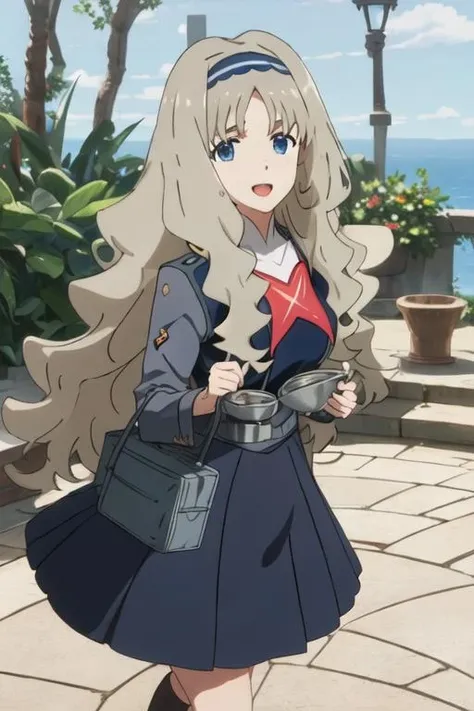best quality, masterpiece, highres, solo, {kokoro_darlinginthefranxx:1.15}, long_hair, blue_eyes, blonde_hair, hairband, parody, 1girl, looking_at_viewer, open_mouth, smile, sweatdrop, blue_hairband, uniform