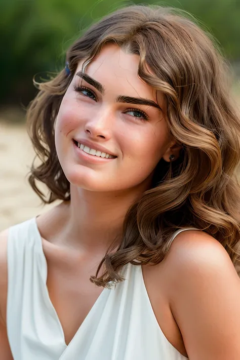 (20 year old) (brshields), (on a beach), (windblown hair:0.9), (long hair), modelshoot style, (4k, High detail RAW color Photo), ((half-body shot)), (sheer white dress), (white bikini beneath dress), (looking at viewer), (detailed pupils:1.1), (defined facial features:1.2) (innocent face, gorgeous face),