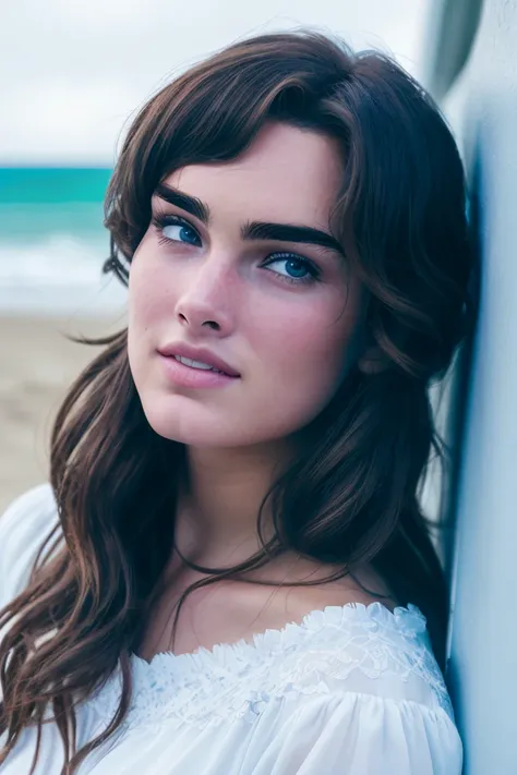 (20 year old) (brshields), (on a beach), (windblown hair:0.9), (long hair), modelshoot style, (4k, High detail RAW color Photo), ((half-body shot)), (sheer white dress), (white bikini beneath dress), (looking at viewer), (detailed pupils:1.1), (defined facial features:1.2) (innocent face, gorgeous face),