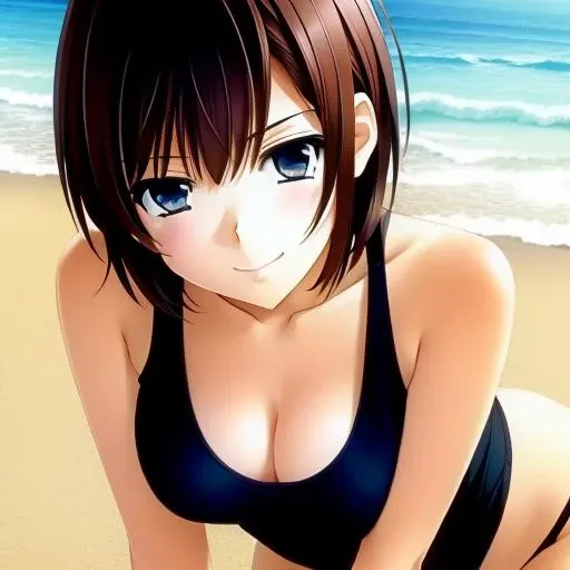 masterpiece, high quality, best quality, beautiful, short hair, perfect lighting, detailed face, detailed body, 1 girl, solo, (tight body), furuto, swimsuit, sits on the beach <lora:Furuto_Ichinose-000012:0.8>
