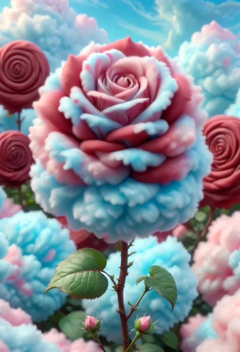 <lora:SDXLCottonCandy:1> cottoncandy rose bush, extremely detailed, macro photo, fluffy petals, dark red swirled with light blue, high quality, beautiful, elegant, cinematic