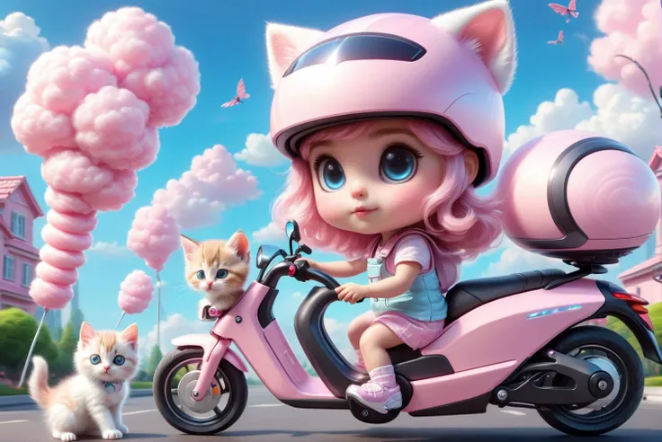 a little girl driving an electric bike,pink electric vehicle,carrying a kitten,wearing a helmet,<lora:SDXLCottonCandy:0.8>,cottoncandy,