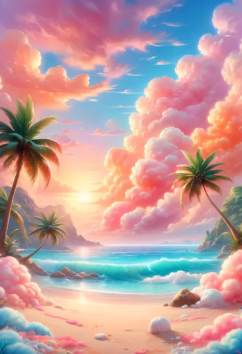 <lora:SDXLCottonCandy:1> cottoncandy ((sea bay)), beach, palm tree, sunset, orange sky, cloud, (masterpiece),((ultra-detailed)), (highly detailed CG illustration),(expressionless), (best quality:1.2), High quality texture, intricate details, detailed texture, High quality shadow, Cinematic Light, Depth of field, light source contrast, perspective,20s,