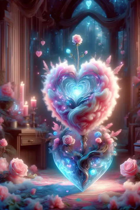 Digital Art,Concept Art,octane rendering,unreal engine,dreamlike scenes,delicate and rich light and color,superb light and shadow effects and color matching,aesthetic and romantic,Surrealistic,magical,fantasist,fantastic,
A glowing [pink|purple] rose and some glowing blue plants in a transparent (heart-shaped:1.5) glass container,
this container in a love story book,extremely romantic mood,nostalgic atmosphere,gentle light and lingering composition,depth of field,<lora:DonMW15pXL-000008:0.8>,DONMW15PXL,<lora:-_SDXL_-_letitflrsh_let_it_flourish_V1.0:0.6>,letitflrsh,<lora:SDXLCottonCandy:1>, cottoncandy,