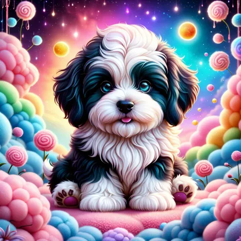 <lora:add-detail-xl:0.8> A chubby, adorable, furry little black and white sheepadoodle dog with anthropomorphic design, rich expressions including happiness, staring, and silly smiles, in a 3D plush style against a rainbows, background is a tie dye design, intertwining, a burning realistic pink and blue sun, realistic flames, burning, cyborg, black and white fractal spirals, tiny details, plants, octopus tentacles, honeycomb pattern, sacred geometry on skin, flower of life, psychedelic, visionary art, extremely detailed, hyperealistic, crisp, 8K upscaled to max, dark, horror, sunflowers, masterpiece, polkadots, cinematic background. It has a slightly fluffy, cartoon-style with minimalist elements. <lora:SDXLCottonCandy:0.8> cottoncandy