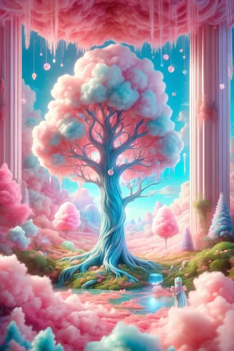 <lora:SDXLCottonCandy:1>,cottoncandy,
In a dreamlike realm stands a colossal tree with cotton candy-like foliage,beneath which exists a whimsical mini-ecosystem. Towering branches of this magical tree filter through dazzling rays of light,weaving an enchanting world of fairy tale illumination. Surrounding the grand tree are mythical creatures such as unicorns and phoenixes,amidst a wonderland where peculiar plants like candy vines and crystal fruits flourish. This scene seamlessly blends nature with fantasy,resembling a fantastical painting brought to life from dreams,
UHD,Extreme detail,natural light,volume light,fantasism,professional color,professional composition,colorful,