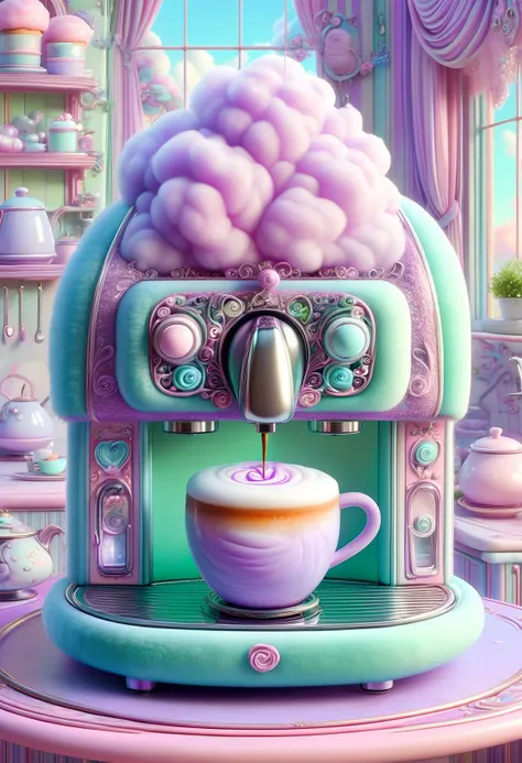 <lora:SDXLCottonCandy:1> cottoncandy an elegant coffee machine made out of purple and light green cotton candy inside of a whimsical fairy kitchen, extremely cute, high quality, detailed, beautiful, vibrant colors