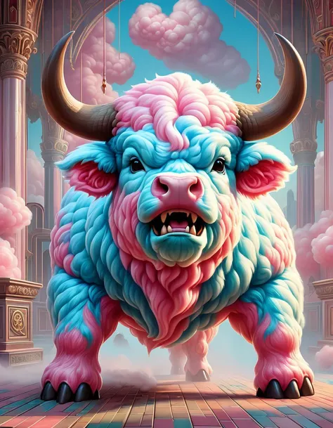 dreamscape Capture the ferocity of a menacing cottoncandy bull preparing to charge in a breathtakingly detailed 3D model. The animal's nostrils flare wildly, releasing billows of hot, damp air indicative of its pent-up rage. Steam rises from its snout, dissipating slowly into the cool atmosphere, intensifying the already charged ambiance. Muscles tense as the beast readies itself for attack, hooves digging into dirt strewn flooring. Furrowed brows outline bulging, inflamed eyes burning with barely contained fury. Veins protrude ominously along neck ridges, betraying underlying turbulence. Every minutiae of this encounter must be rendered faithfully, magnifying the intimidating magnitude of this ancient ritual. . surreal, ethereal, dreamy, mysterious, fantasy, highly detailed, <lora:SDXLCottonCandy:1.0>