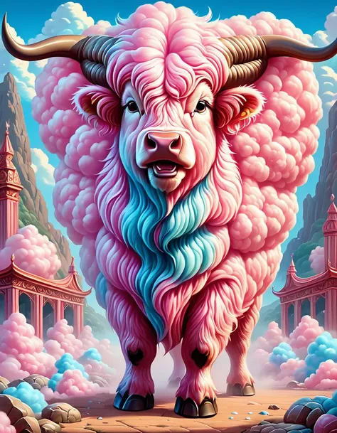 dreamscape Capture the ferocity of a menacing cottoncandy bull preparing to charge in a breathtakingly detailed 3D model. The animal's nostrils flare wildly, releasing billows of hot, damp air indicative of its pent-up rage. Steam rises from its snout, dissipating slowly into the cool atmosphere, intensifying the already charged ambiance. Muscles tense as the beast readies itself for attack, hooves digging into dirt strewn flooring. Furrowed brows outline bulging, inflamed eyes burning with barely contained fury. Veins protrude ominously along neck ridges, betraying underlying turbulence. Every minutiae of this encounter must be rendered faithfully, magnifying the intimidating magnitude of this ancient ritual. . surreal, ethereal, dreamy, mysterious, fantasy, highly detailed, <lora:SDXLCottonCandy:1.0>