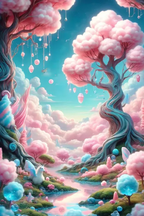 <lora:SDXLCottonCandy:1>,cottoncandy,
In a dreamlike realm stands a colossal tree with cotton candy-like foliage,beneath which exists a whimsical mini-ecosystem. Towering branches of this magical tree filter through dazzling rays of light,weaving an enchanting world of fairy tale illumination. Surrounding the grand tree are mythical creatures such as unicorns and phoenixes,amidst a wonderland where peculiar plants like candy vines and crystal fruits flourish. This scene seamlessly blends nature with fantasy,resembling a fantastical painting brought to life from dreams,
UHD,Extreme detail,natural light,volume light,fantasism,