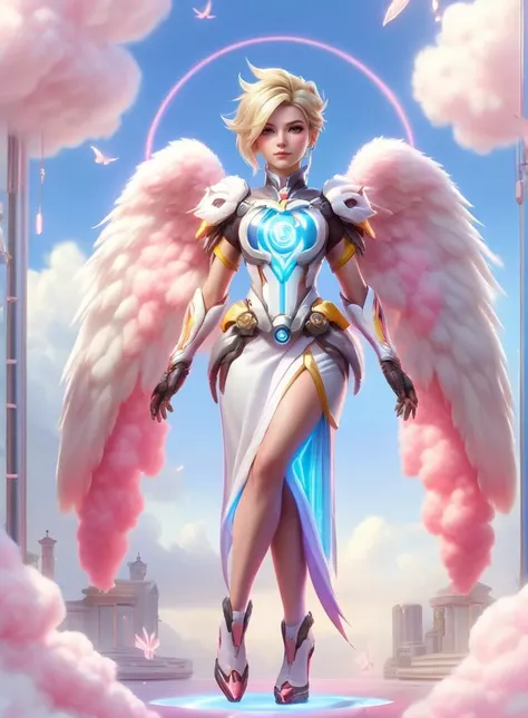 realistic photo of Mercy from overwatch with (cottoncandy wings) <lora:SDXLCottonCandy:1>