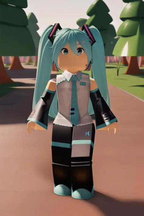 <lora:roblox-09:1> robloxstyle, womanbody,(hatsune miku), forest background, full body, detailed background, detailed shading, detailed ambient light, detailed background, masterpiece,