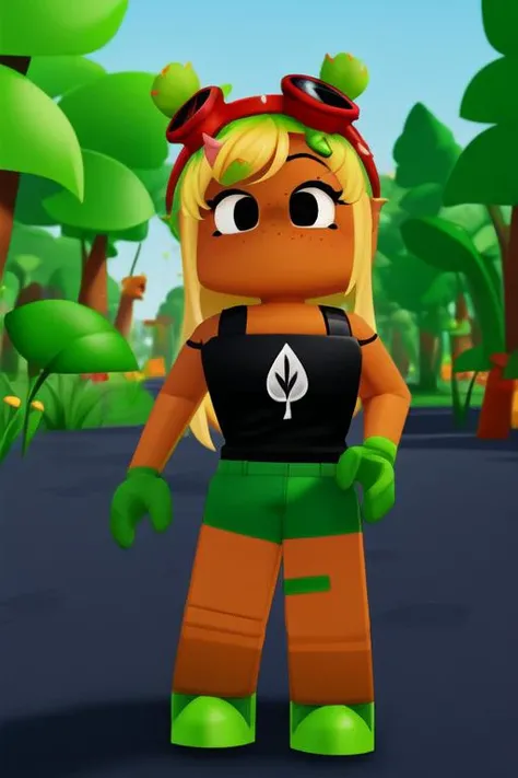<lora:roblox-09:1> robloxstyle, womanbody,, forest background, full body, detailed background  <lora:solar_flare_(plants_vs_zombies_heroes):1> , solar flare (plants vs zombies heroes), 1girl, solo, goggles, blonde hair, goggles on head, breasts, shorts, freckles, dark skin, dark-skinned female, navel, gloves, green shorts, midriff, medium breasts, crop top, spiked hair, cowboy shot, black eyes, shirt, fingerless gloves, green gloves, tank top, bare shoulders, long hair, off shoulder, black shirt, detailed shading, detailed ambient light, detailed background, masterpiece,