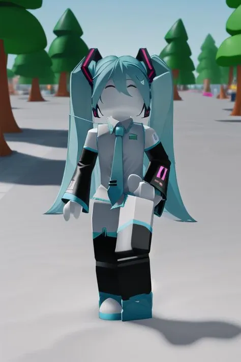 <lora:roblox-09:1> robloxstyle, womanbody,(hatsune miku), forest background, full body, detailed background, detailed shading, detailed ambient light, detailed background, masterpiece,