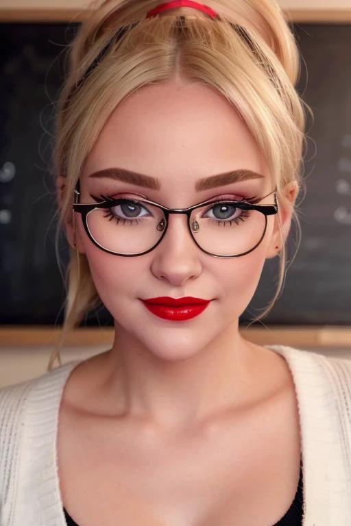 photo of a woman, <lora:sophie-05:0.5>, sophie,,((ponytail)) ((sweater, glasses, blonde hair)), ((closeup, portrait)),((classroom, chalkboard):1.2),smiling, ((red lipstick, eyeliner, eye shadow, blush)), ((best quality, masterpiece, extreme details, high resolution):1.2),((detailed eyes, beautiful eyes, detailed face, beautiful face):1.2)