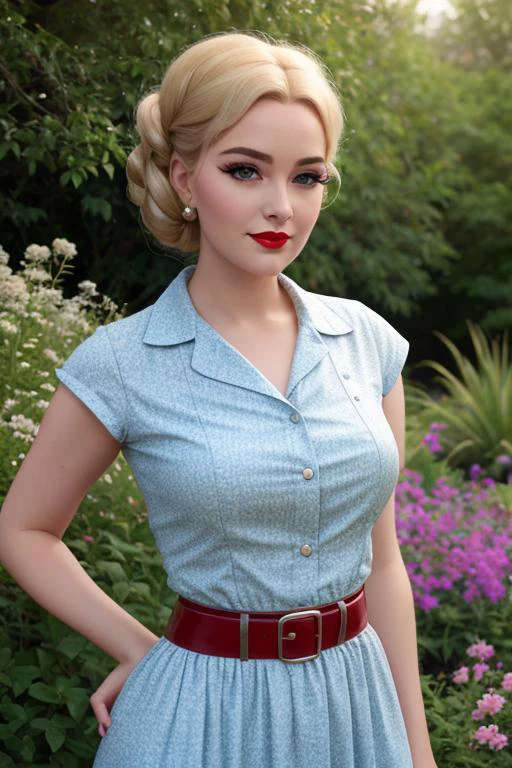 <lora:sophie-05:0.5>, sophie,photo of a woman, ((50s hairstyle, fifties hairdo, blonde hair)), ((50s dress, retro dress)), ((cowboy shot, waist, hips, thighs)), ((outdoors, garden, gardening tools)),smiling, ((red lipstick, eyeliner, eye shadow, blush)), ((best quality, masterpiece, extreme details, high resolution):1.2),((detailed eyes, beautiful eyes, detailed face, beautiful face):1.2)