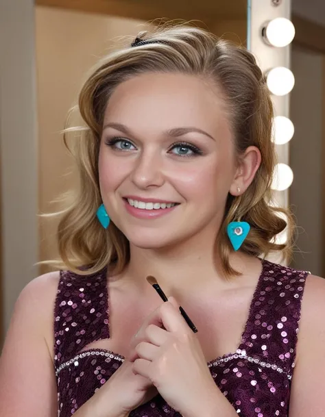 <lora:PipPellens:1> 2010, Photo of PipPellens, a woman,  in a dressing room doing her make-up ,  sweet smile, flirting with the viewer, properly dressed, tack sharp, 4k, DSLR