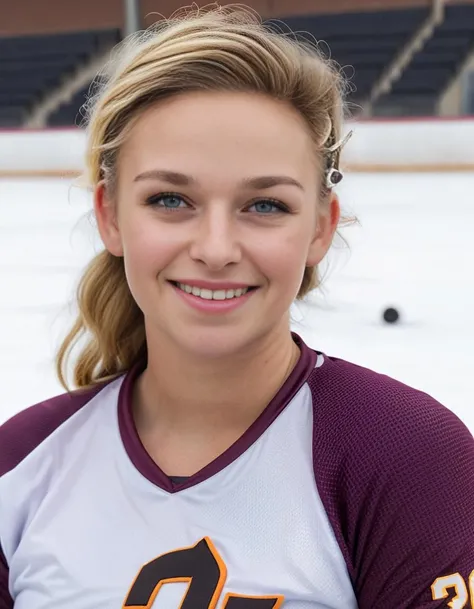 <lora:PipPellens:1> Photo of PipPellens, a woman,  on the hockey field ,  sweet smile, flirting with the viewer, properly dressed, tack sharp, 4k, DSLR