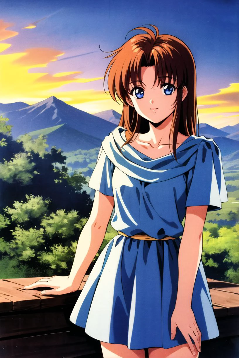 masterpiece,best quality,highres,<lora:lilia-nvwls-v1:0.8>,lilia,blue dress,1girl,solo,outdoors,animification,1990s \(style\),cowboy shot,mountain,happy,looking at viewer,