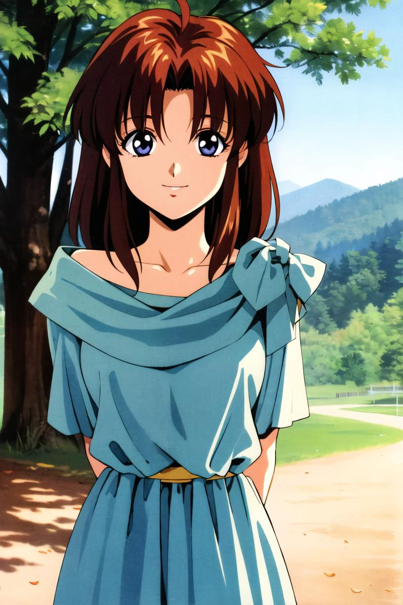 masterpiece,best quality,highres,<lora:lilia-nvwls-v1:0.8>,lilia,blue dress,1girl,solo,animification,1990s \(style\),cowboy shot,tree,leaf,arms behind back,looking at viewer,happy,