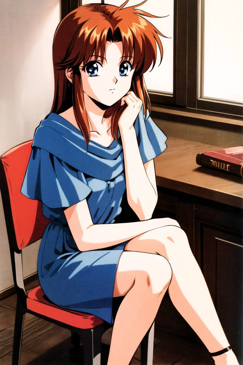 masterpiece,best quality,highres,<lora:lilia-nvwls-v1:0.8>,lilia,blue dress,1girl,solo,animification,1990s \(style\),village,clinic,indoors,crossed legs,chair,looking at viewer,hands on own knees,