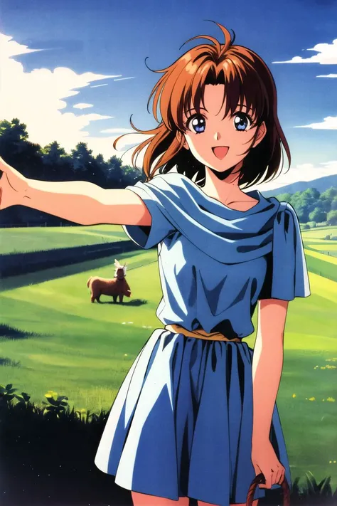 masterpiece,best quality,highres,<lora:lilia-nvwls-v1:0.8>,lilia,blue dress,1girl,solo,outdoors,animification,1990s \(style\),cowboy shot,happy,looking at viewer,farm,dynamic pose,
