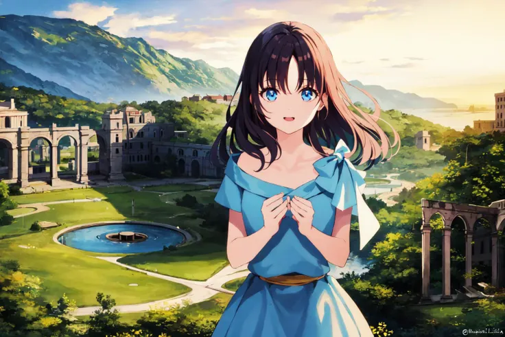 Lilia,1girl,solo,smile,blown hair,blue eyes,blue dress, sandals,fantasy,ancient ruins,sunset,upper body,
<lora:LECO_LessMuscularity:3.0>
<lora:lilia-nvwls-v1:1>