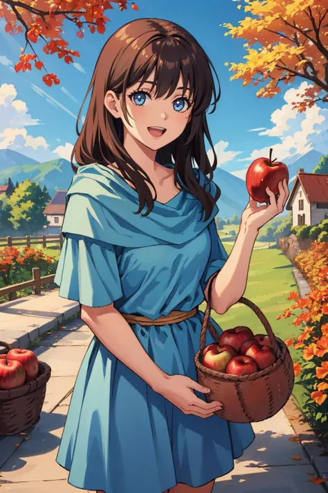 masterpiece, best quality, <lora:lilia-nvwls-v1-000009:0.9> lilia, blue dress, sandals, smile, cowboy shot, basket of apples, village, autumn, :D, looking at viewer, holding basket