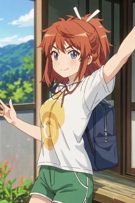 best quality, masterpiece, highres, solo, {koshigaya_natsumi_nonnonbiyori:1.15}, blue_eyes, blush, brown_hair, bangs, long_hair, closed_mouth, ponytail, ribbon, hair_ribbon, red_hair, 1girl, >:\), looking_at_viewer, outstretched_arms, shirt, short_sleeves, smile, v-shaped_eyebrows, yellow_shirt, green_pants, print_shirt, short_hair, t-shirt, clothes_writing, green_shorts, hair_between_eyes, pants, shorts
