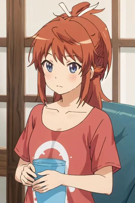 best quality, masterpiece, highres, solo, {koshigaya_natsumi_nonnonbiyori:1.15}, blue_eyes, blush, brown_hair, bangs, long_hair, closed_mouth, ponytail, ribbon, hair_ribbon, red_hair, 1girl, anime_coloring, blurry, collarbone, indoors, looking_at_viewer, red_shirt, shirt, depth_of_field, upper_body