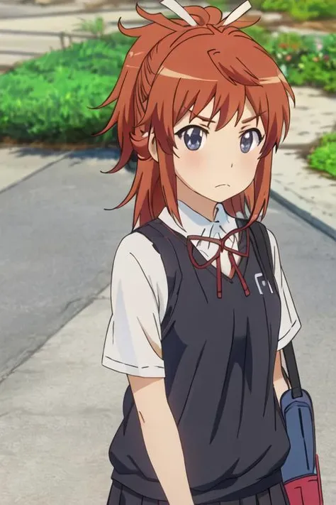 best quality, masterpiece, highres, solo, {koshigaya_natsumi_nonnonbiyori:1.15}, blue_eyes, blush, brown_hair, bangs, long_hair, closed_mouth, ponytail, ribbon, hair_ribbon, red_hair, 1girl, frown, v-shaped_eyebrows, outdoors, short_sleeves, shirt, yellow_shirt, >:\(, anime_coloring, parody, day, looking_at_viewer, upper_body