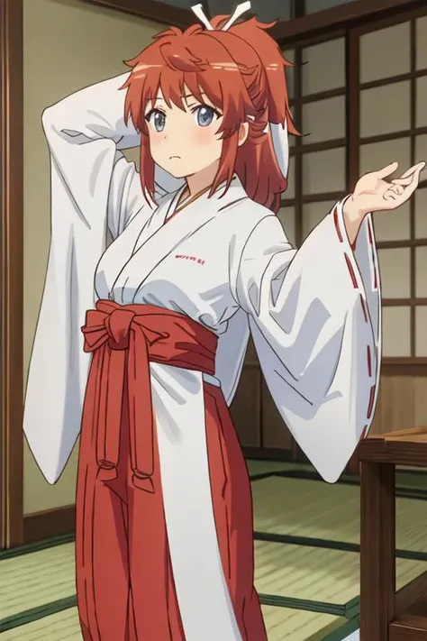 best quality, masterpiece, highres, solo, {white kimono:1.35}, {red hakama:1.35}, {wide sleeves:1.20}, {koshigaya_natsumi_nonnonbiyori:1.15}, blue_eyes, blush, brown_hair, bangs, long_hair, closed_mouth, ponytail, ribbon, hair_ribbon, red_hair