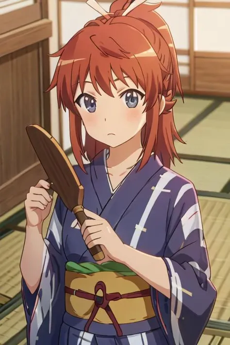 best quality, masterpiece, highres, solo, {yukata:1.40}, {kimono:1.20}, {koshigaya_natsumi_nonnonbiyori:1.15}, blue_eyes, blush, brown_hair, bangs, long_hair, closed_mouth, ponytail, ribbon, hair_ribbon, red_hair