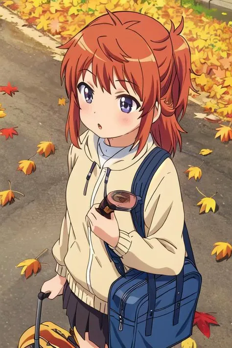 masterpiece, best quality,ultra detail,<lora:GoodHands-vanilla:0.8> <lora:anmnr01:0.3> <lora:add_detail:0.5>,1girl,from above, petite,,outdoor,country road,autumn leaves,cinematic angle,autumn koshigaya_natsumi_nonnonbiyori <lora:koshigaya_natsumi_nonnonbiyori:0.7>