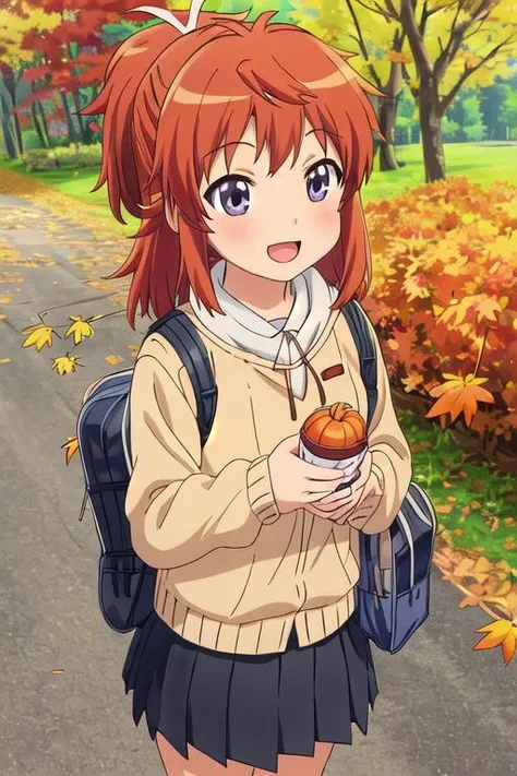 masterpiece, best quality,ultra detail,<lora:GoodHands-vanilla:0.8> <lora:anmnr01:0.3> <lora:add_detail:0.5>,1girl,from above,  petite,,outdoor,country road,autumn leaves,cinematic angle,autumn koshigaya_natsumi_nonnonbiyori <lora:koshigaya_natsumi_nonnonbiyori:0.7>,smile,open mouth