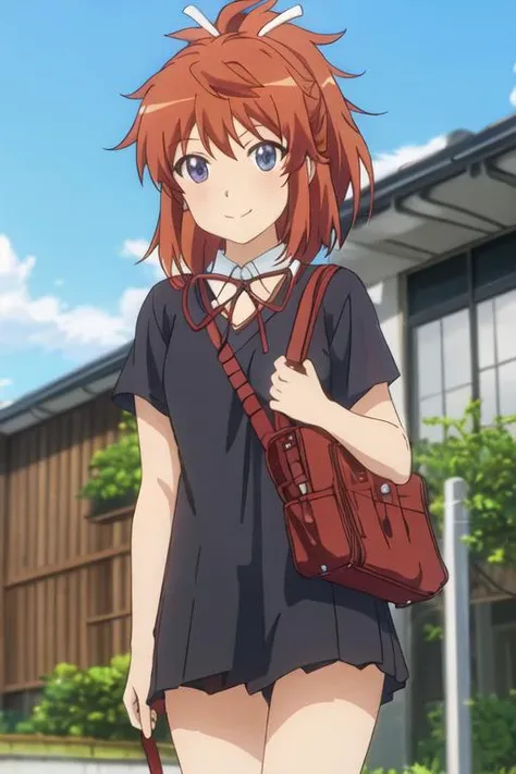 best quality, masterpiece, highres, solo, {koshigaya_natsumi_nonnonbiyori:1.15}, blue_eyes, blush, brown_hair, bangs, long_hair, closed_mouth, ponytail, ribbon, hair_ribbon, red_hair, 1girl, day, outdoors, sky, smile, blue_sky, blurry, cloud, red_shirt, shirt, anime_coloring, blurry_background, hair_between_eyes