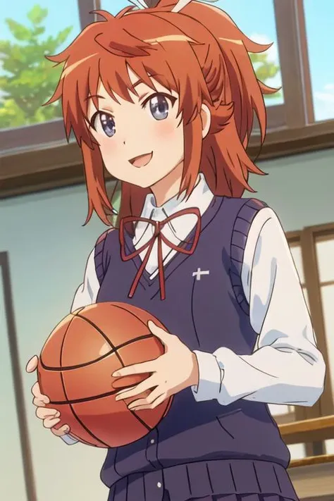 best quality, masterpiece, highres, solo, {koshigaya_natsumi_nonnonbiyori:1.15}, blue_eyes, blush, brown_hair, bangs, long_hair, closed_mouth, ponytail, ribbon, hair_ribbon, red_hair, 1girl, looking_at_viewer, school_uniform, sweater_vest, v-shaped_eyebrows, long_sleeves, shirt, white_shirt, upper_body, holding, ball, open_mouth, smile