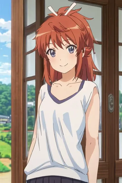 best quality, masterpiece, highres, solo, {koshigaya_natsumi_nonnonbiyori:1.15}, blue_eyes, blush, brown_hair, bangs, long_hair, closed_mouth, ponytail, ribbon, hair_ribbon, red_hair, 1girl, day, high_ponytail, outdoors, shirt, sky, white_ribbon, cloud, hair_between_eyes, looking_at_viewer, smile, cloudy_sky, collarbone, upper_body, white_shirt