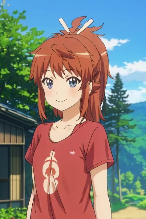 best quality, masterpiece, highres, solo, {koshigaya_natsumi_nonnonbiyori:1.15}, blue_eyes, blush, brown_hair, bangs, long_hair, closed_mouth, ponytail, ribbon, hair_ribbon, red_hair, 1girl, collarbone, looking_at_viewer, night, outdoors, red_shirt, shirt, sky, smile, night_sky, short_sleeves, tree, upper_body