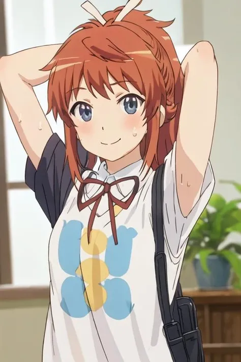 best quality, masterpiece, highres, solo, {koshigaya_natsumi_nonnonbiyori:1.15}, blue_eyes, blush, brown_hair, bangs, long_hair, closed_mouth, ponytail, ribbon, hair_ribbon, red_hair, 1girl, arm_up, blurry, green_shirt, high_ponytail, looking_at_viewer, shirt, short_sleeves, smile, striped, striped_shirt, white_ribbon, arm_behind_head, indoors, upper_body, depth_of_field, sidelocks, blurry_background, blurry_foreground, sweat, sweatdrop